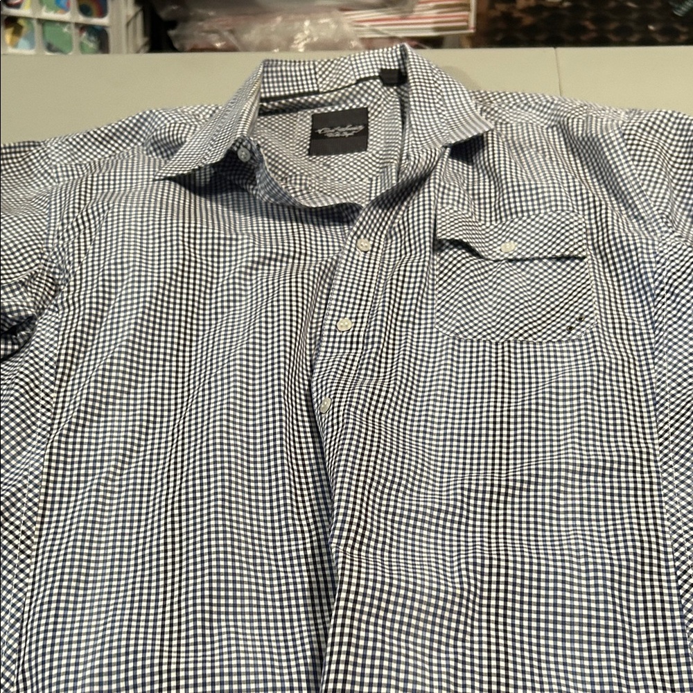 Free People Men's Navy and White Check Short Sleeve Shirt